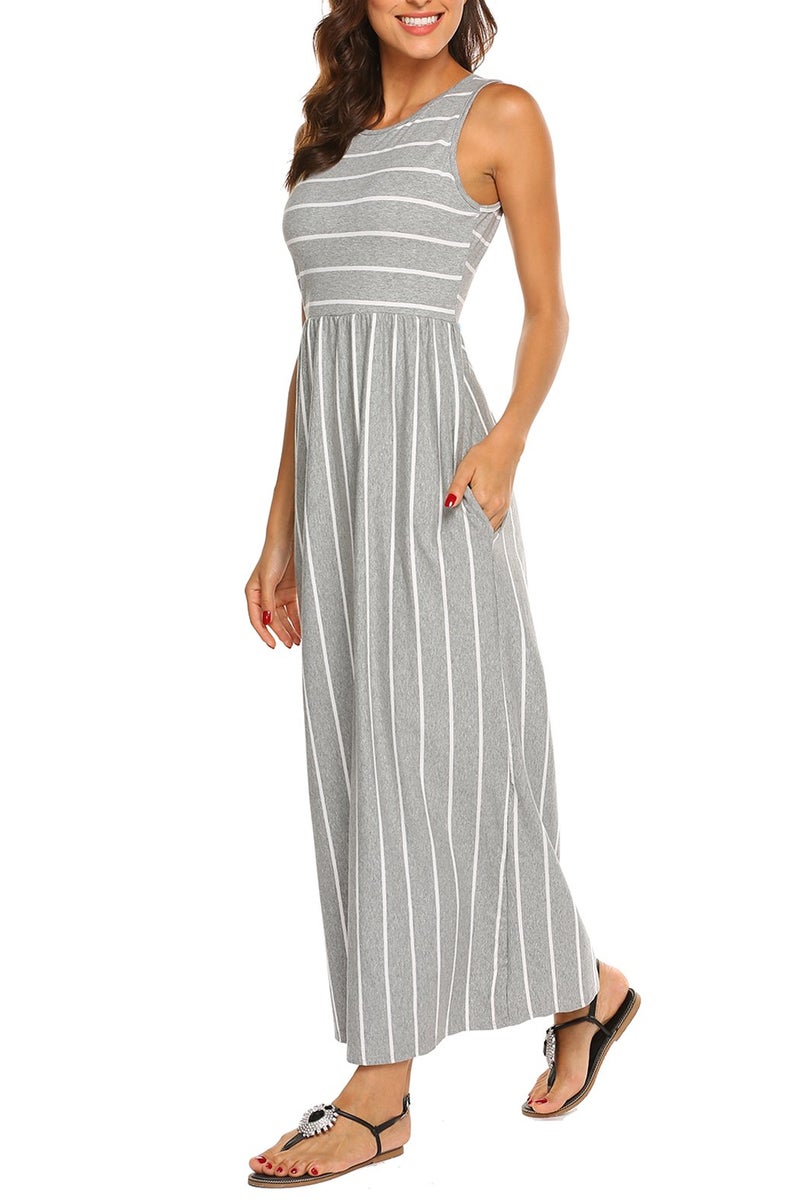 Hount Women's Casual Striped Sleeveless Tank Maxi Dresses with Pockets (Grey, X-Large) - Image 1